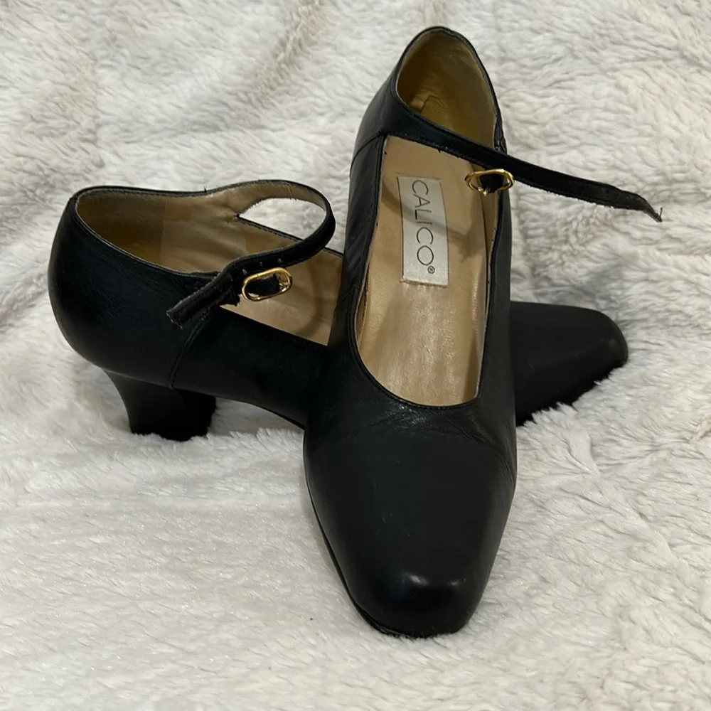 Womens Calico Black Leather Heels 8M - Picture 1 of 5
